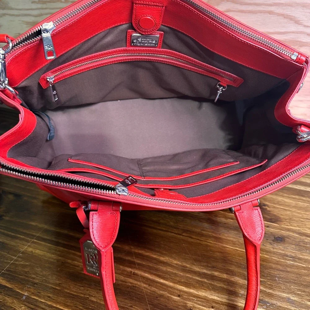 Lauren Ralph Lauren Newbury Double Zip Leather Satchel Crossbody Bag Red